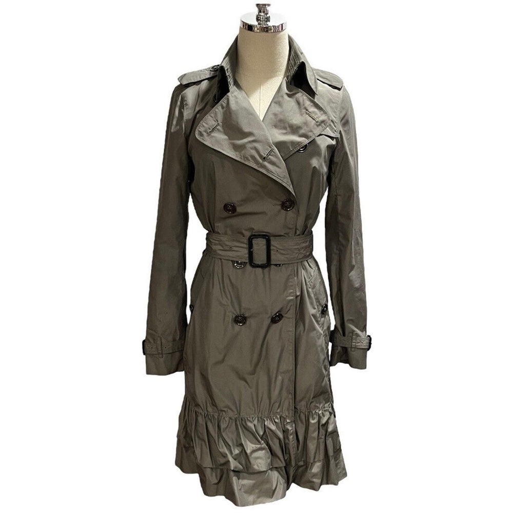 Burberry London Double Breasted Belted Gray Green Ruffled Trench Coat Sz US 6 - Picture 2 of 16